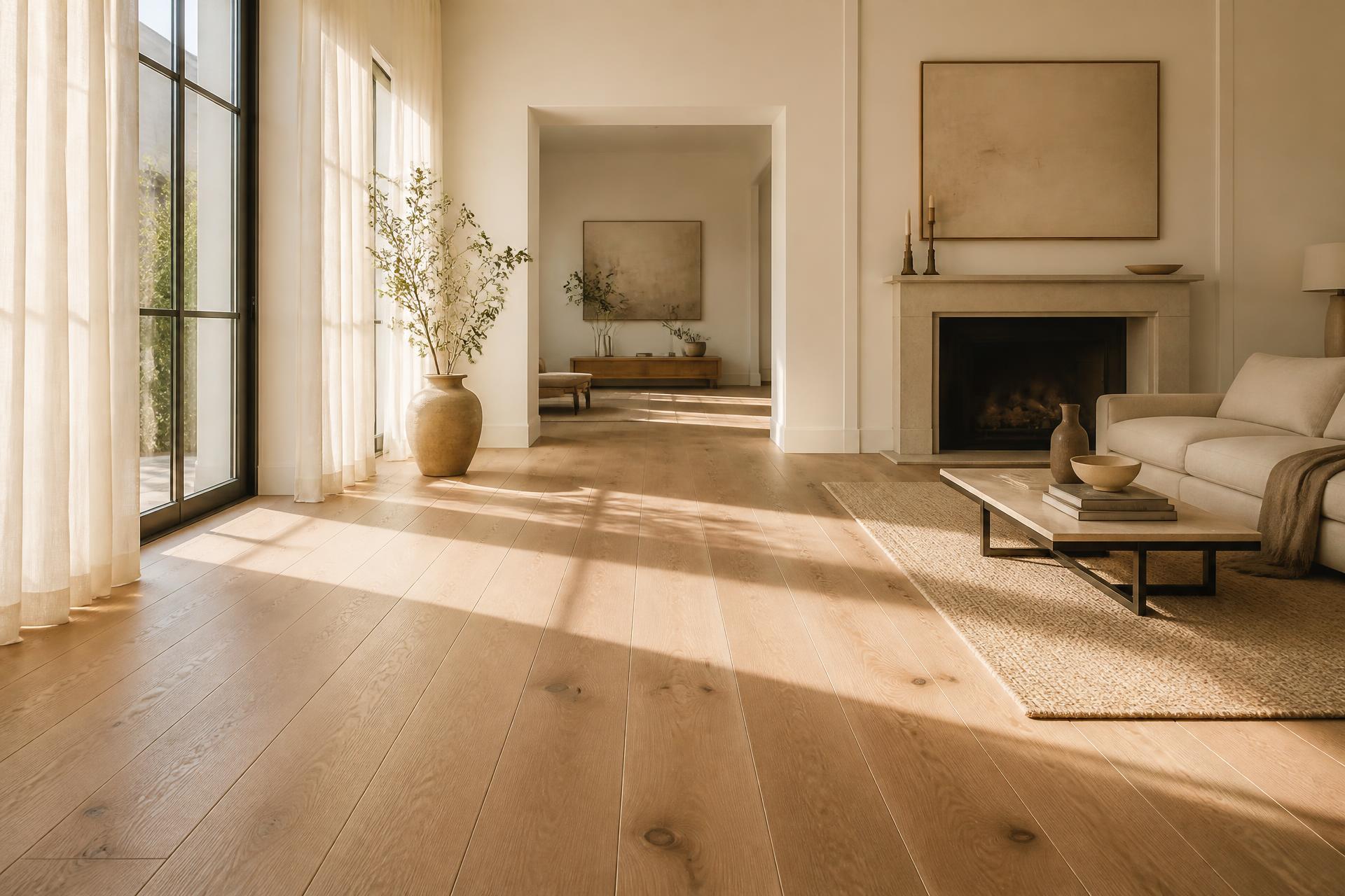 Sunlit wide-plank white oak floor in a finished living room