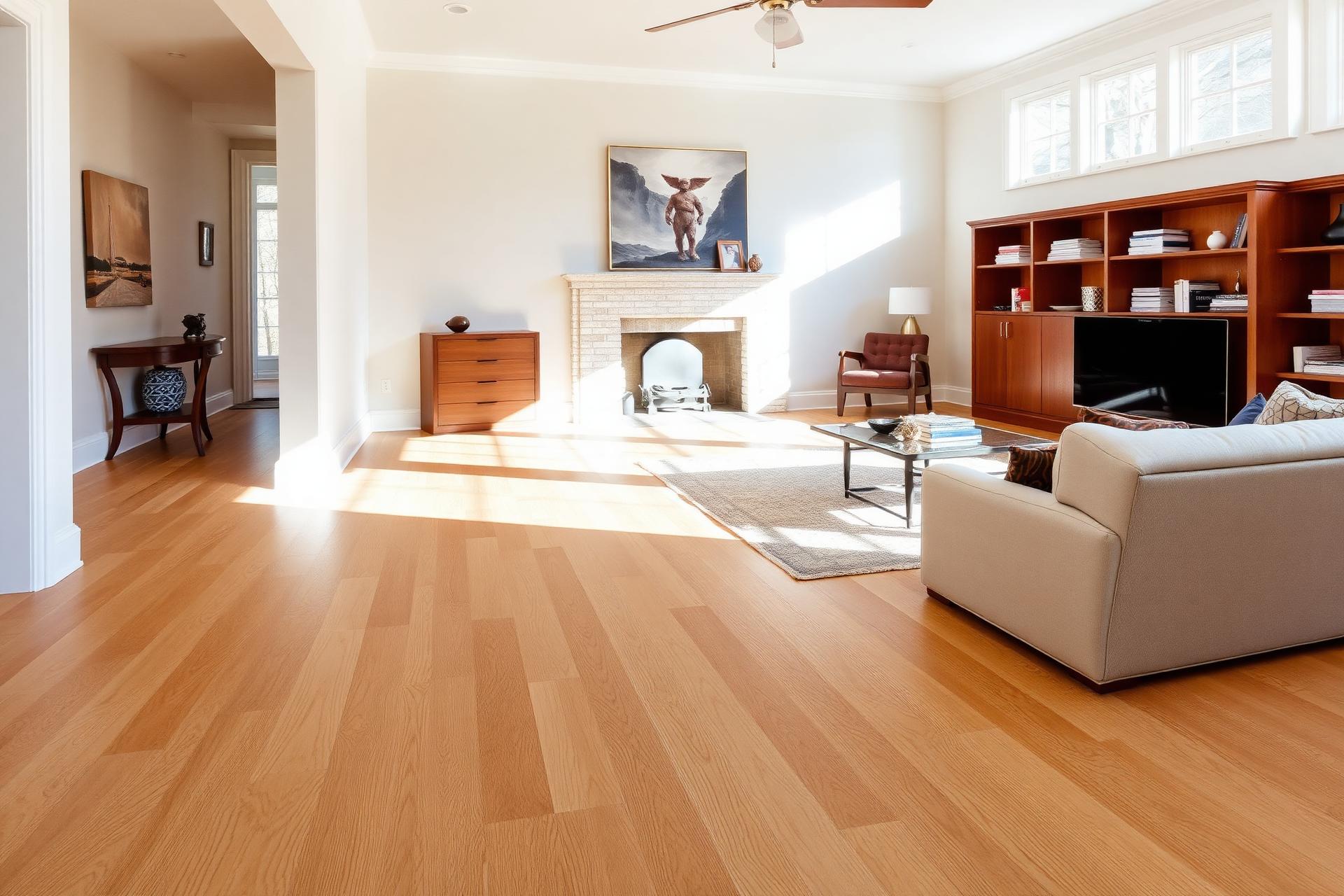 Refinished white oak floor in a Raleigh living room with morning light across the boards