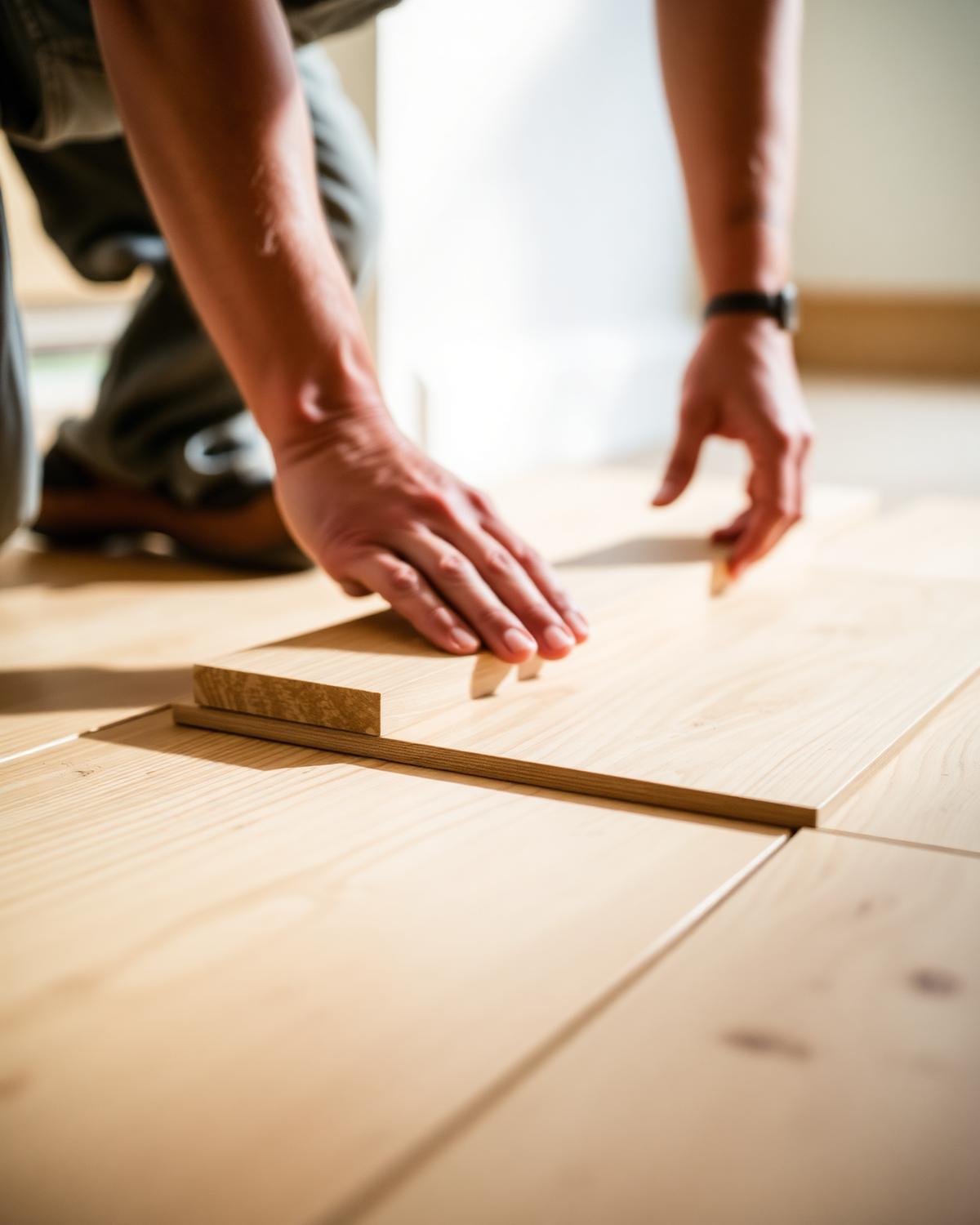 Craftsman fitting a new white oak plank during a hardwood floor installation