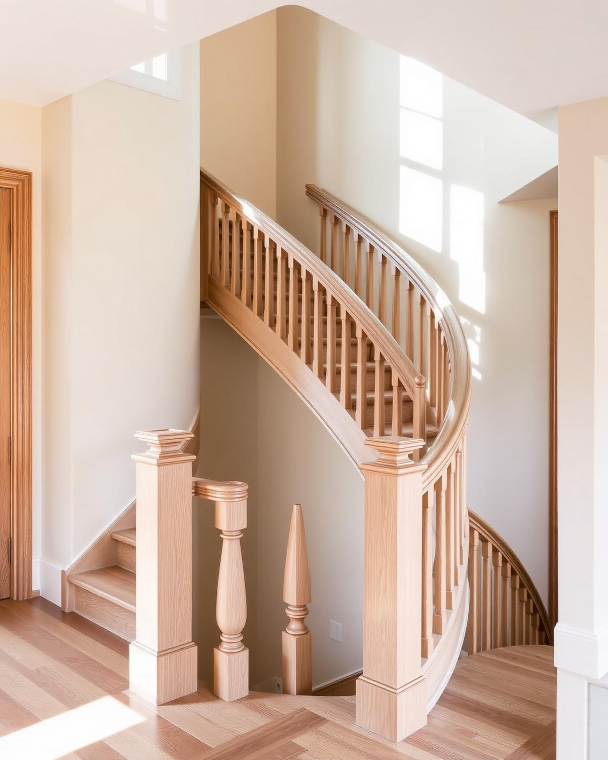 Custom curved white oak staircase with a shaped handrail