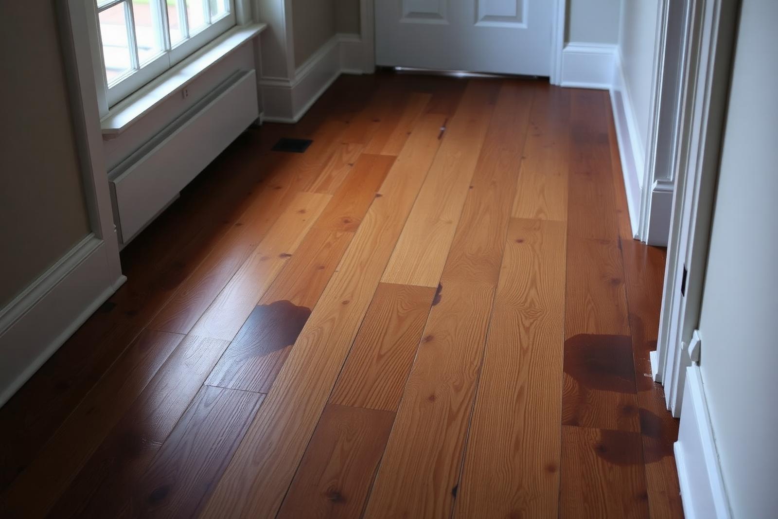 Cupped and water-stained hardwood floor in a Clayton home before restoration