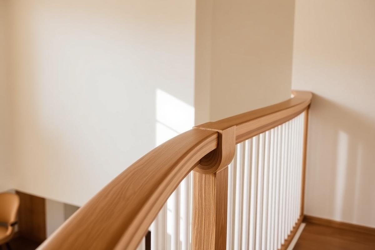 Curved white oak balcony railing above a refinished floor in a Cary home