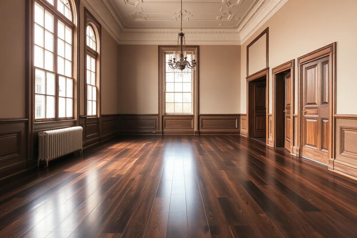 Refinished dark-stained quartersawn oak floor in a historic Durham dining room