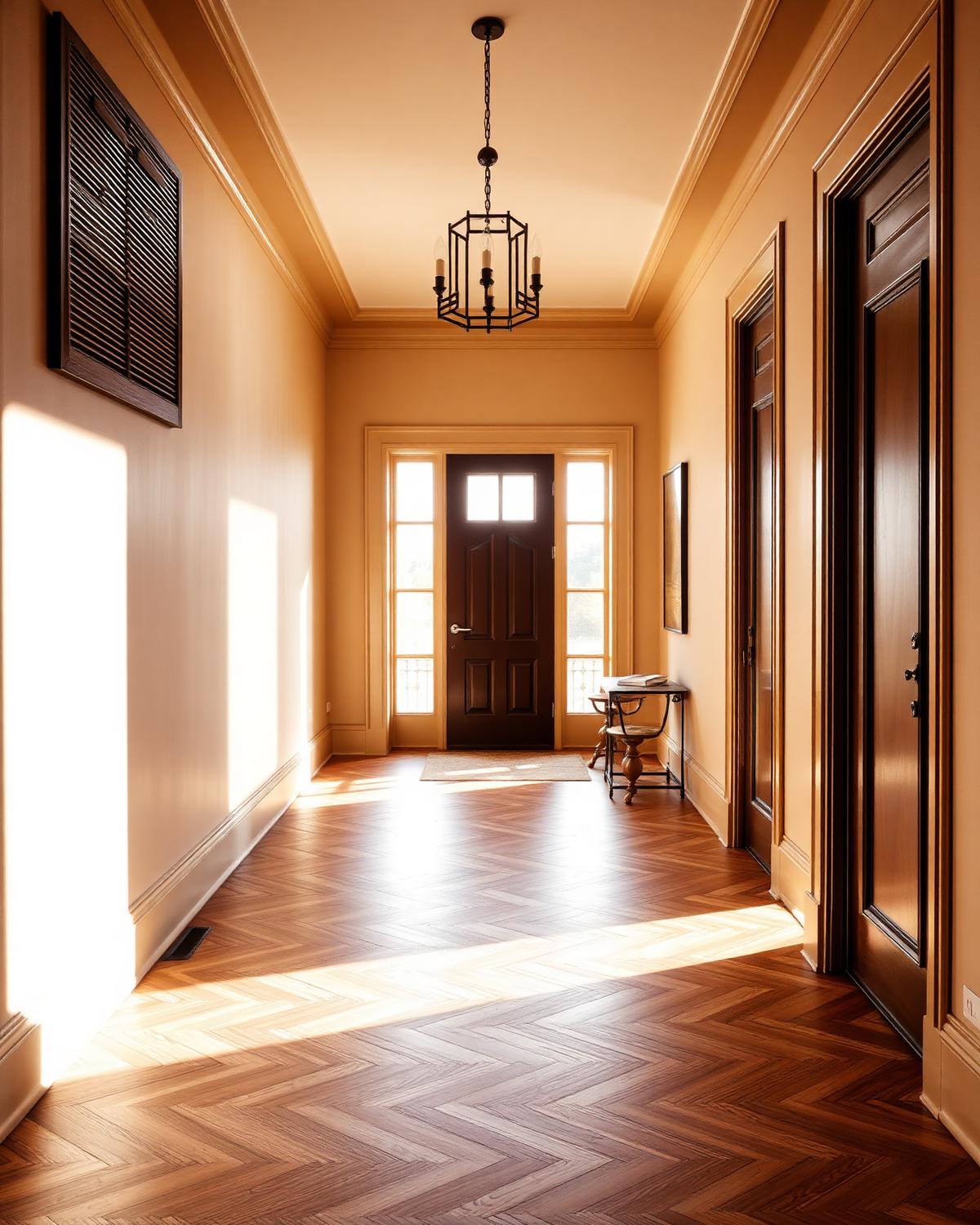 Herringbone white oak floor in a sunlit Raleigh entry hall