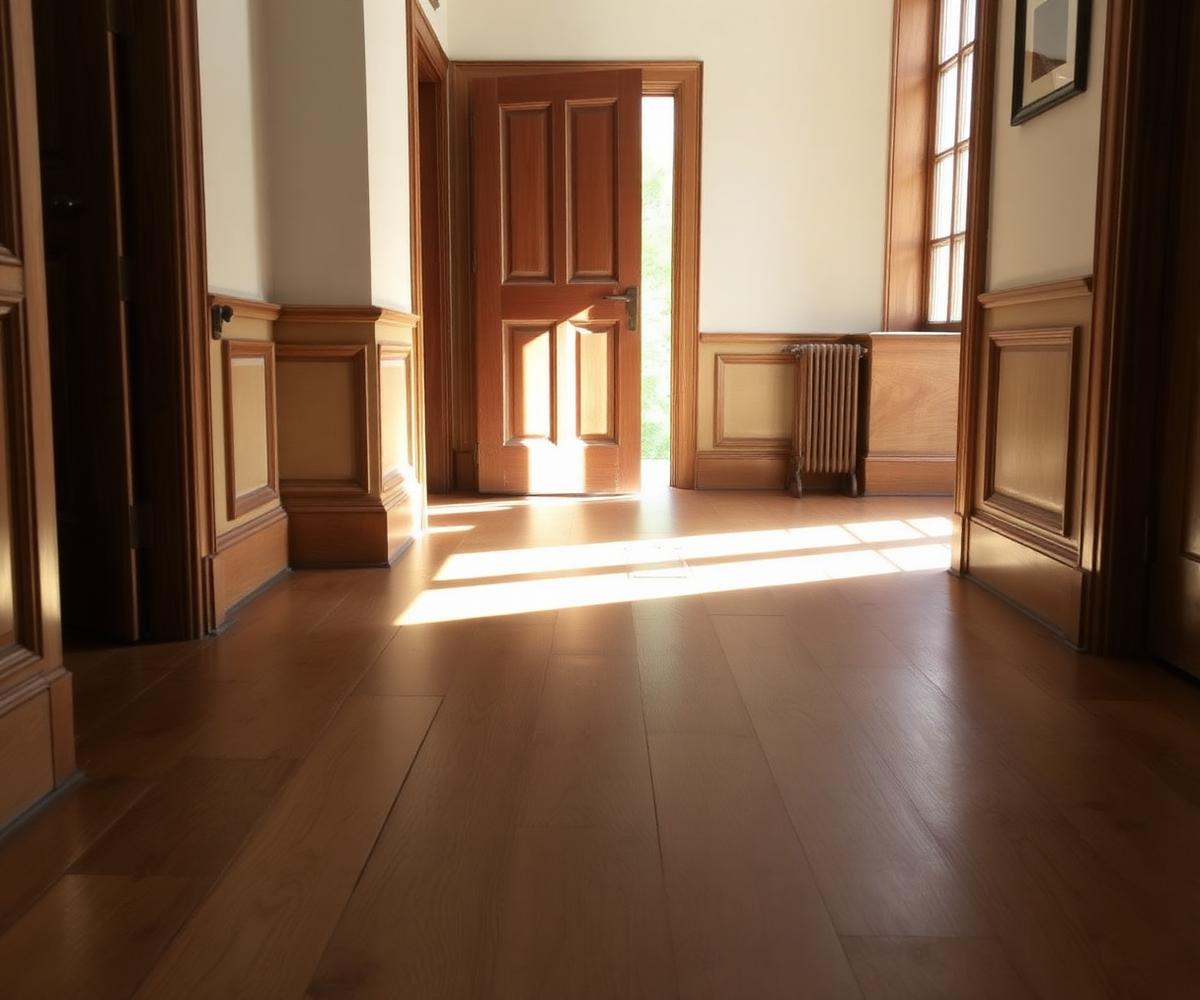 Hallway with seamlessly repaired historic oak flooring