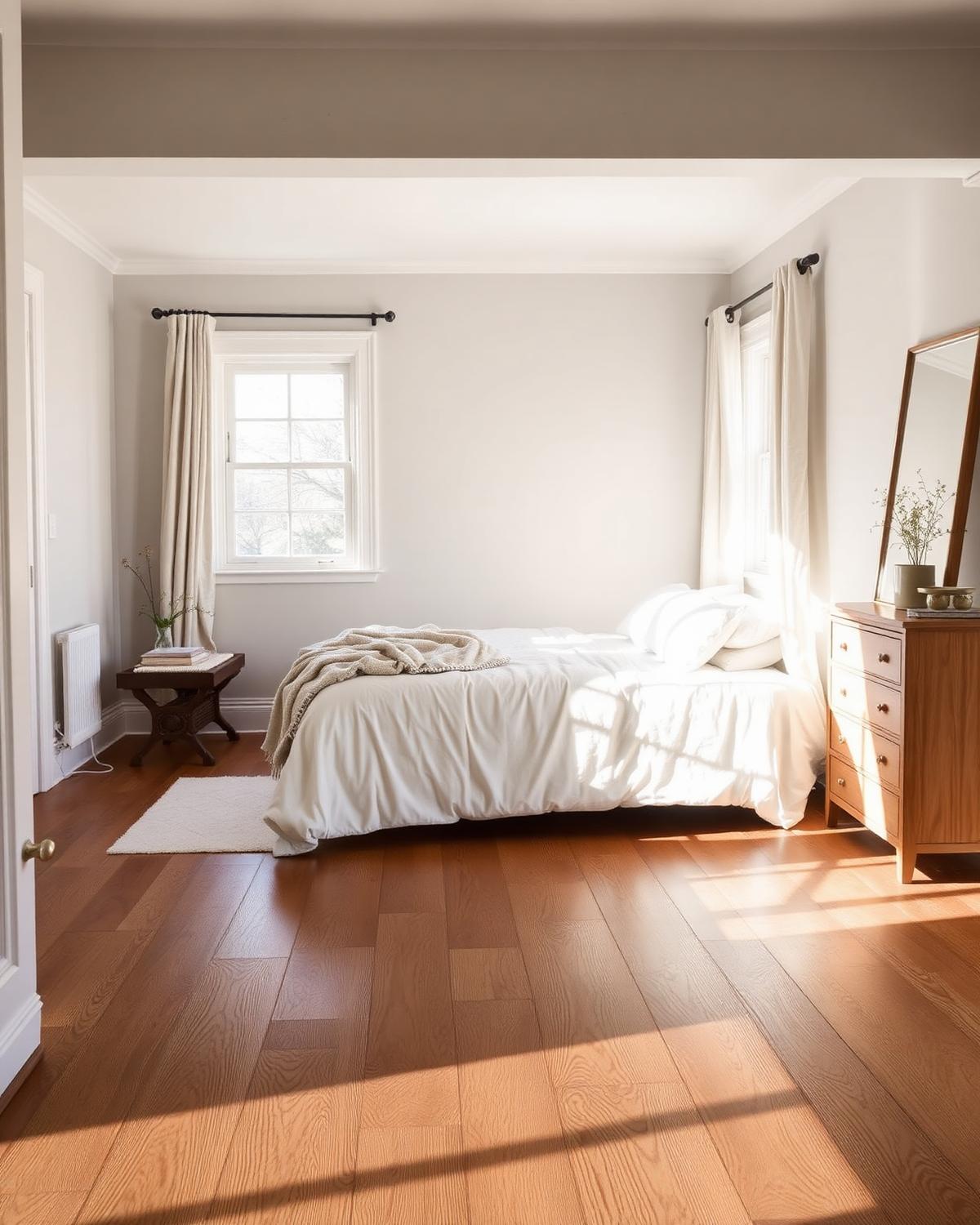 Wide-plank oak floor refinished in a bright Wake Forest room